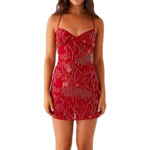 Women Sequin Mini Dress Polyester Sparkly Backless Floral Party Short
